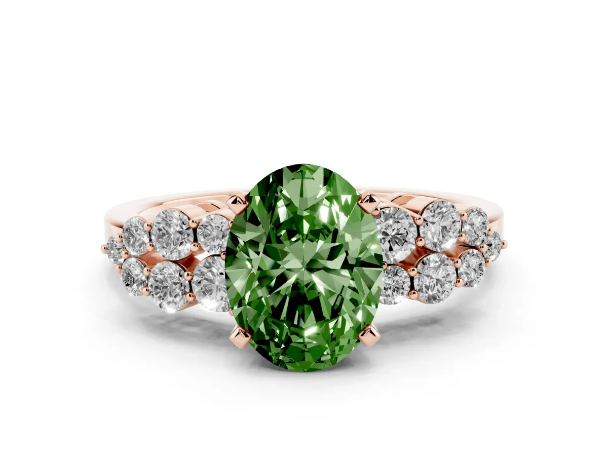 Fancy Green Oval Cut Cluster Diamond Engagement Ring with Pavé Band and Four-Prong Setting Rose gold