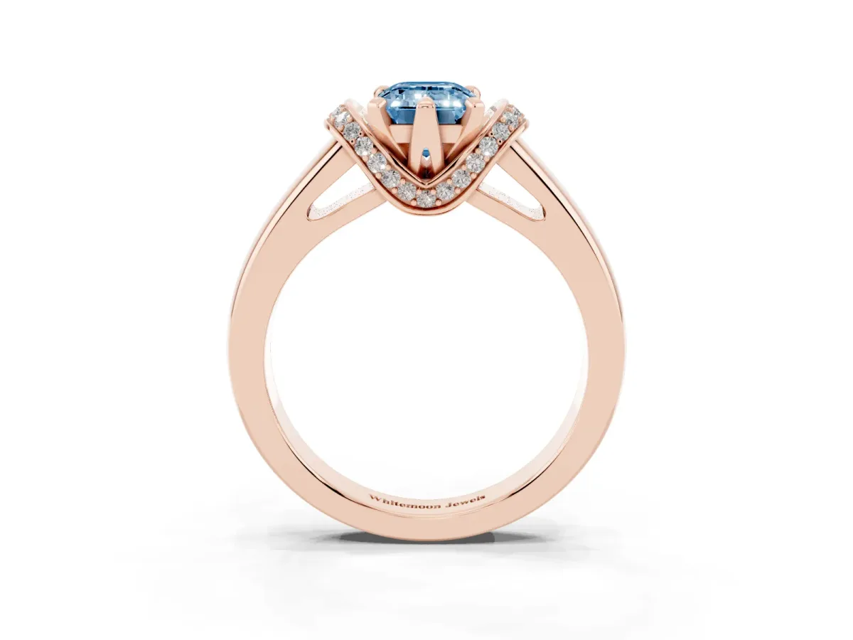 Fancy Blue Emerald Cut Solitaire Diamond Ring with Pave Band and Six-Prong Setting Rose gold