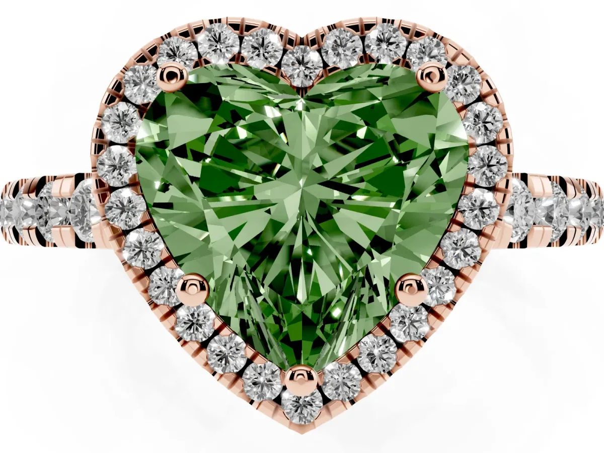 Fancy Green Heart Cut Diamond Halo Ring with Pavé Band and Four-Prong Setting Rose gold