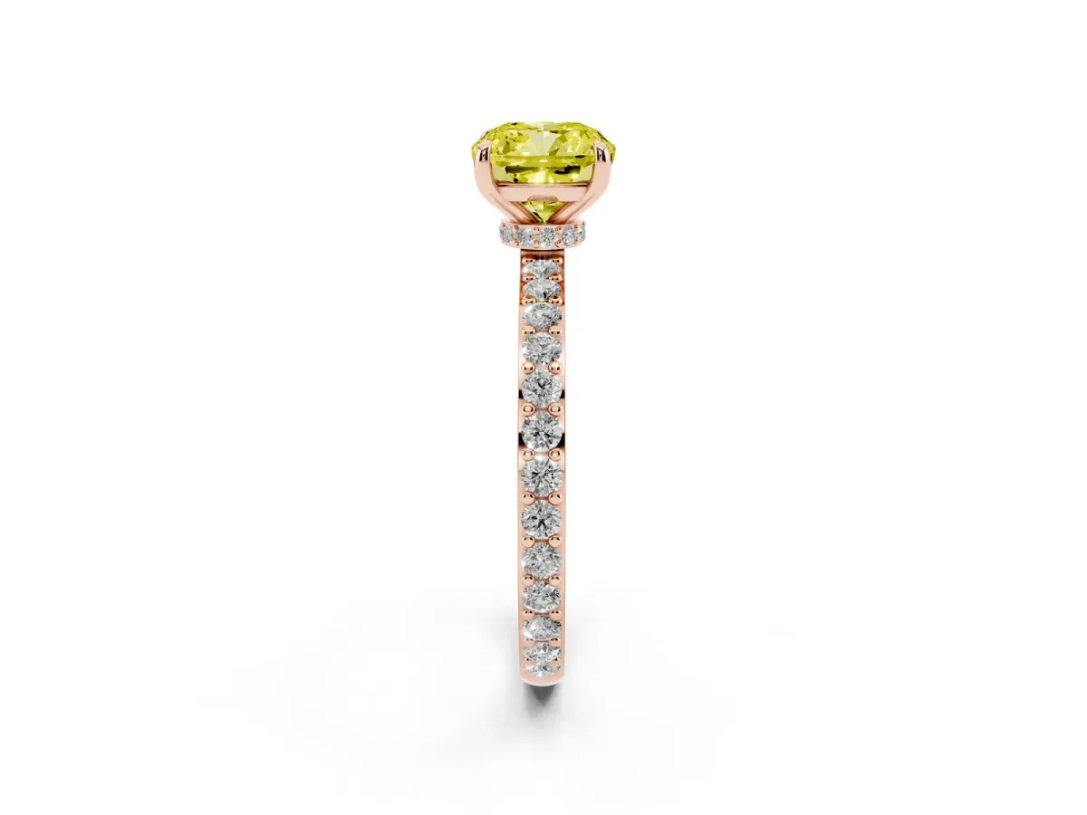 Fancy Yellow Cushion Cut Diamond Pavé Engagement Ring with Round Accents and Prong Setting Rose gold