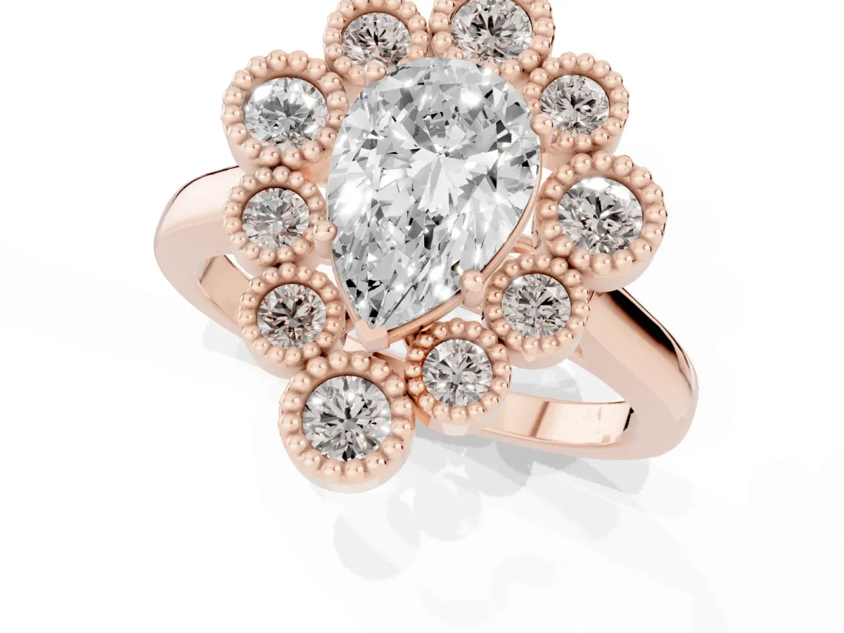 Pear Cut Halo Diamond Cluster Engagement Ring with Milgrain Bezel Setting and Solitaire Band Rose gold