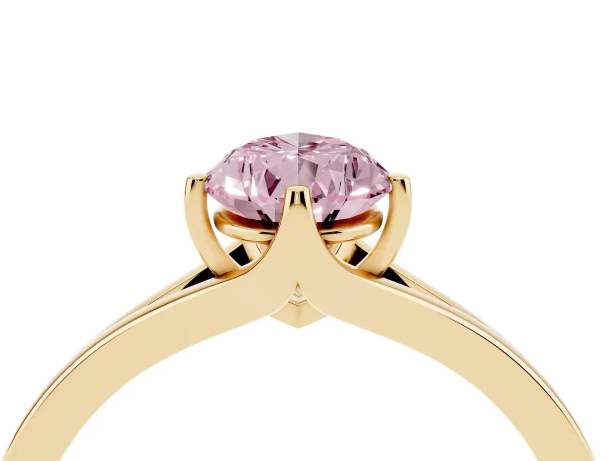 Fancy Pink Pear Cut Solitaire Diamond Ring with Six-Prong Setting and Tapered Band Yellow gold