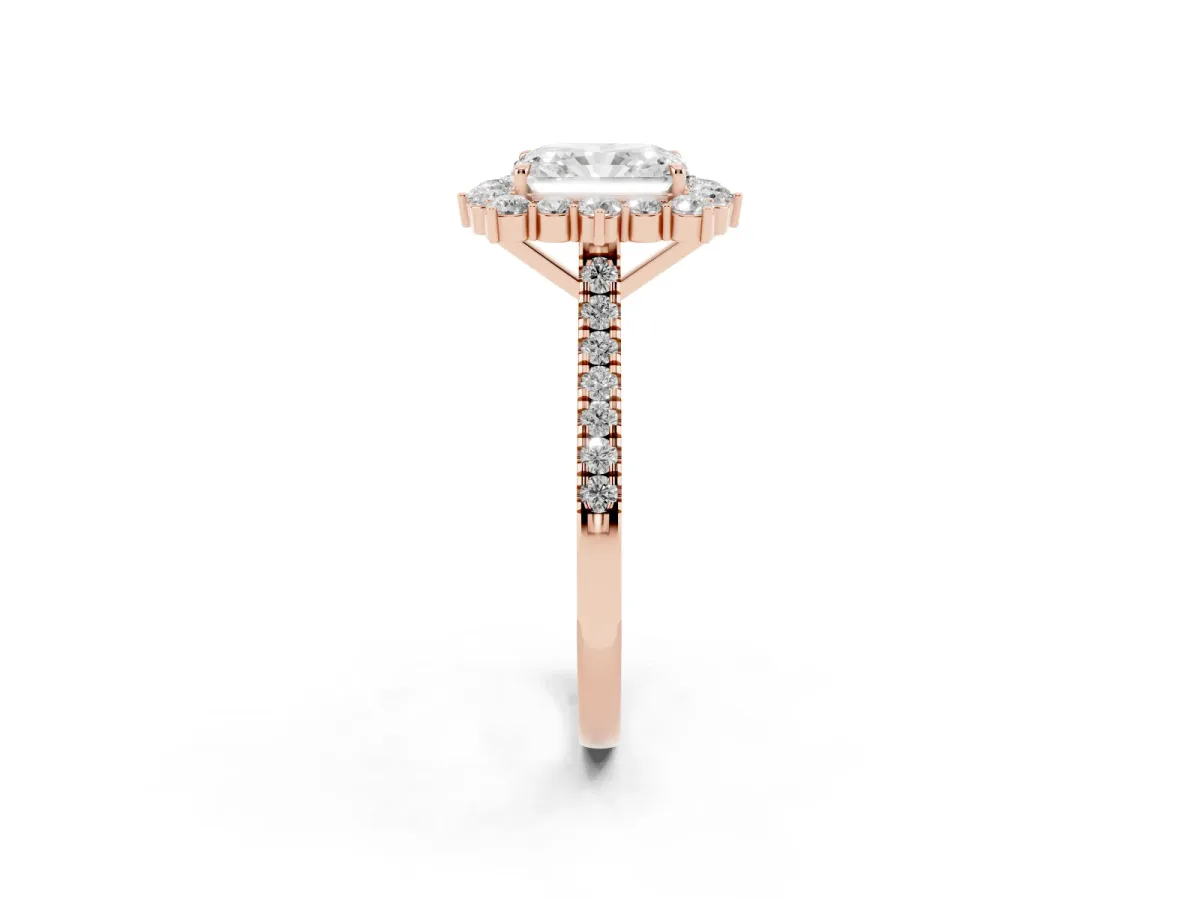 Radiant Cut Halo Diamond Ring with Pavé Band and Prong Setting Rose gold