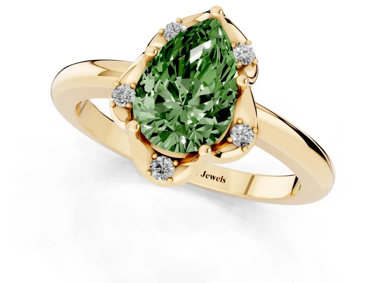 Fancy Green Pear Cut Halo Diamond Ring with Round Cluster Setting, Solitaire Band, and Four-Prong Setting Yellow gold