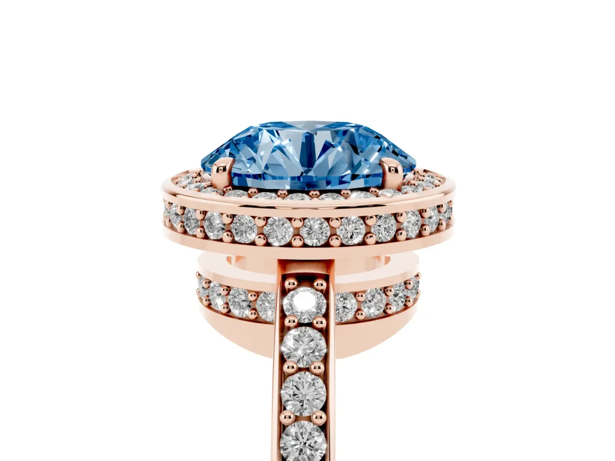 Fancy Blue Round Cut Halo Pave Band Solitaire Ring with Prong Setting Rose gold