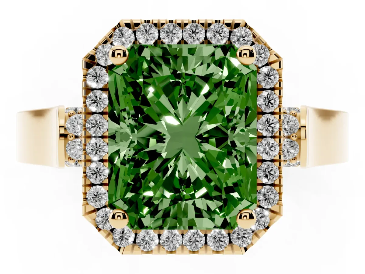 Fancy Green Radiant Cut Halo Round Diamond Twist Band with Four-Prong Setting Yellow gold