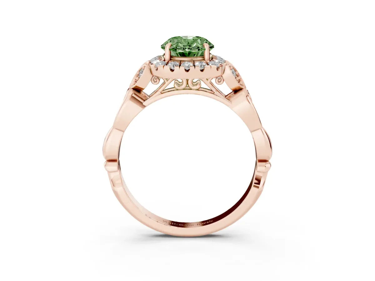 Fancy Green Oval Cut Halo Diamond Engagement Ring with Vintage-Inspired Band and Four-Prong Setting Rose gold