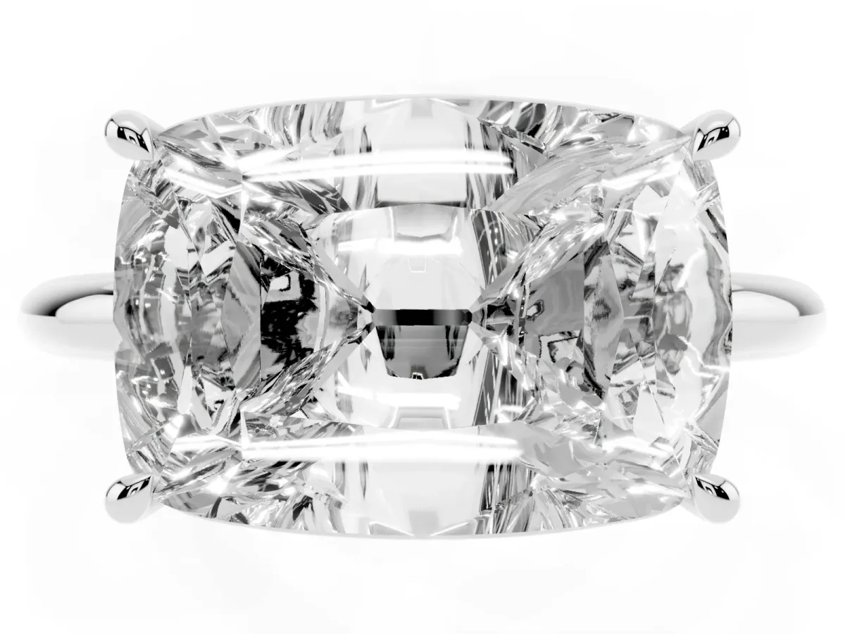 Old Mine Elongated Cushion Diamond East-West Bezel Set Four Claw Solitaire Ring Silver