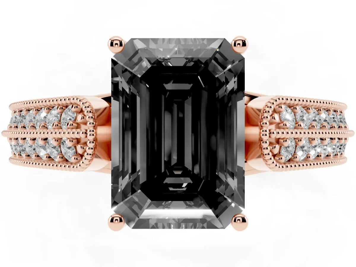 Fancy Black Emerald Cut Cut Pave Split Shank Engagement Ring with Four-Prong Setting Rose gold