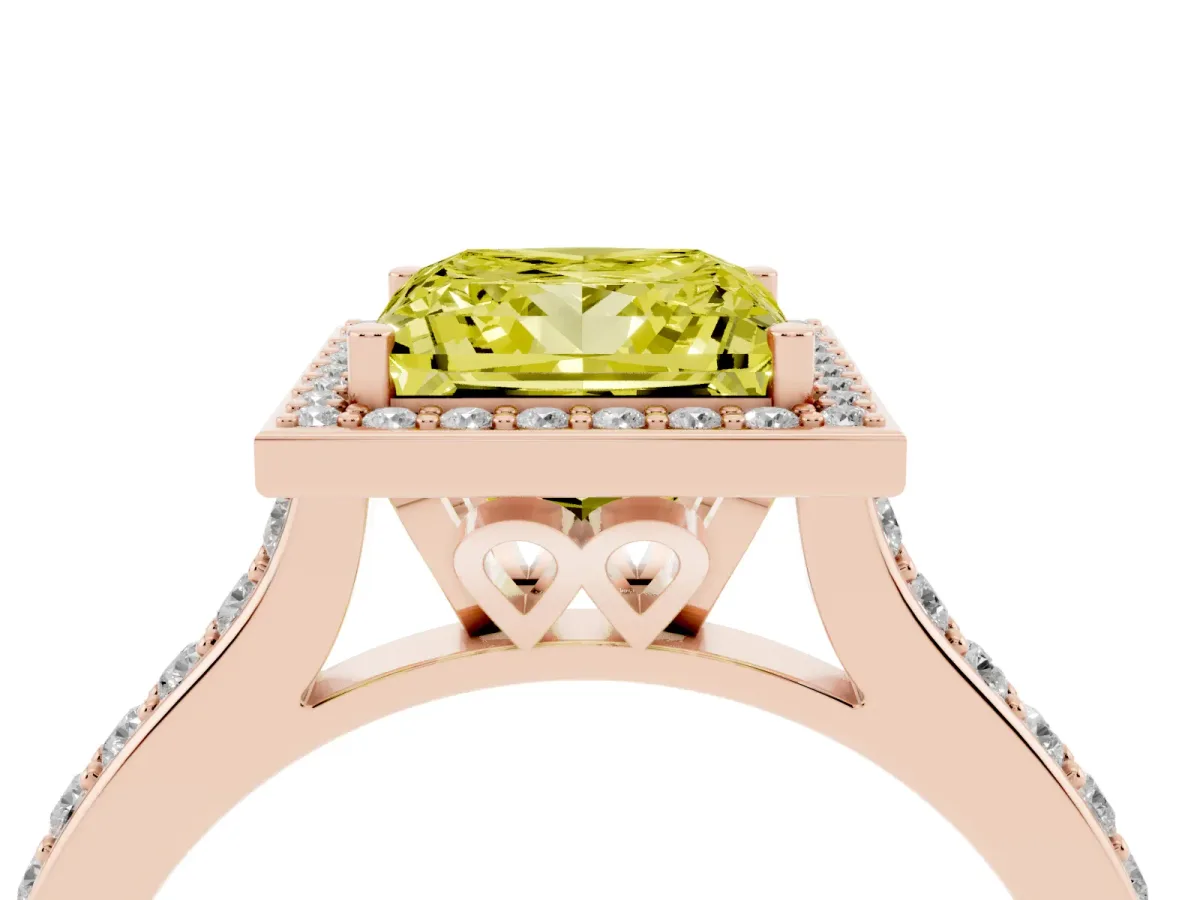 Fancy Yellow Princess Cut Diamond Halo Engagement Ring with Round Pavé Shoulders and Prong Setting Rose gold