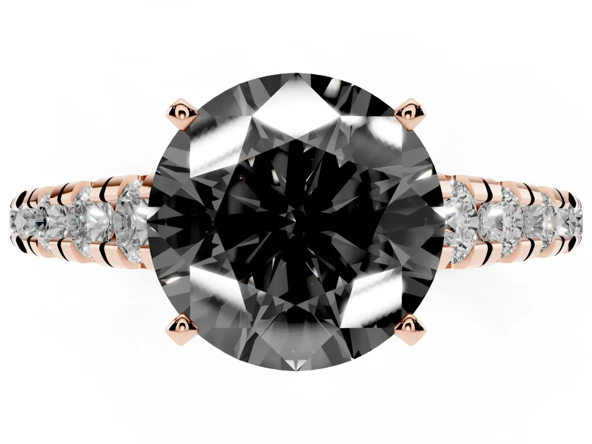 Fancy Black Round Cut Diamond Cathedral Solitaire Ring with Round Pavé Band Rose gold