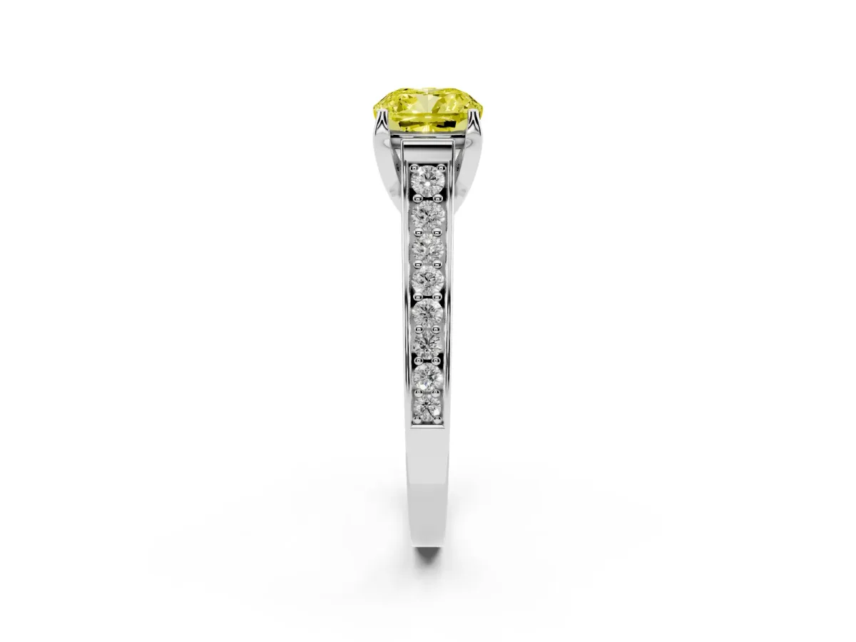 Fancy Yellow Cushion Cut Brilliant Cut Diamond Engagement Ring with Pavé Band and Four-Prong Setting Silver