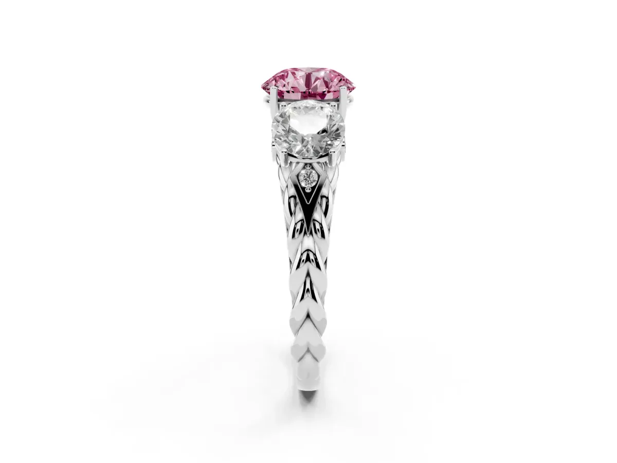 Fancy Pink Three-Stone Round Cut Diamond Braided Band Ring with Four-Prong Setting Platinum