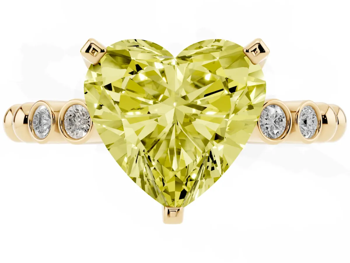 Fancy Yellow Heart Cut Solitaire Bezel Accent Diamond Engagement Ring with Beaded Band and Four-Prong Setting Yellow gold
