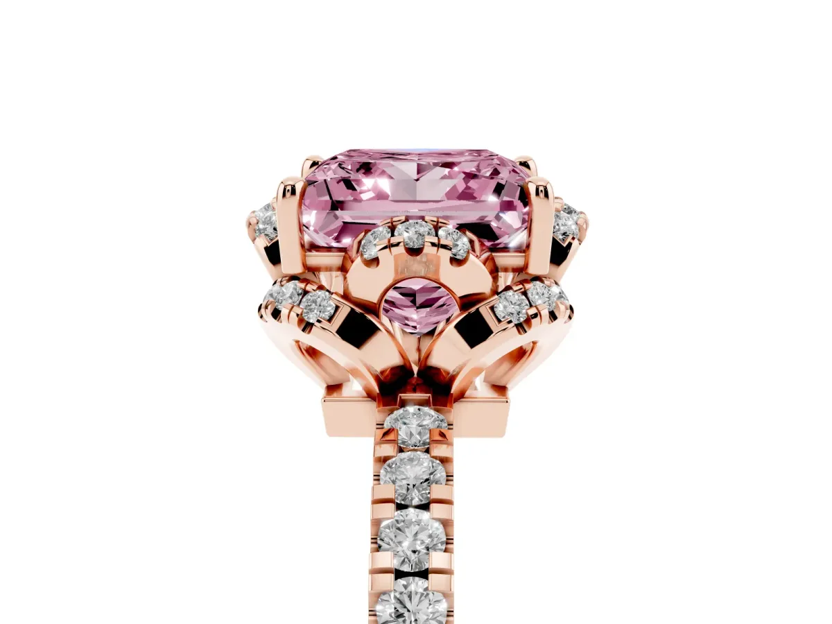 Fancy Pink Princess Cut Halo Diamond Pave Band Ring with Four-Prong Setting Rose gold