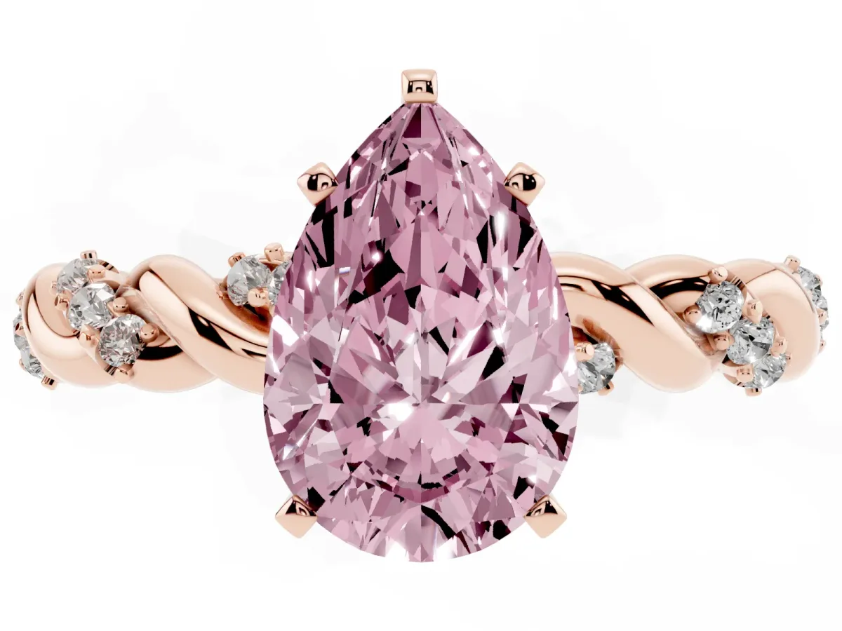 Fancy Pink Pear Cut Diamond Solitaire Ring with Twisted Band and Pavé Accents Rose gold