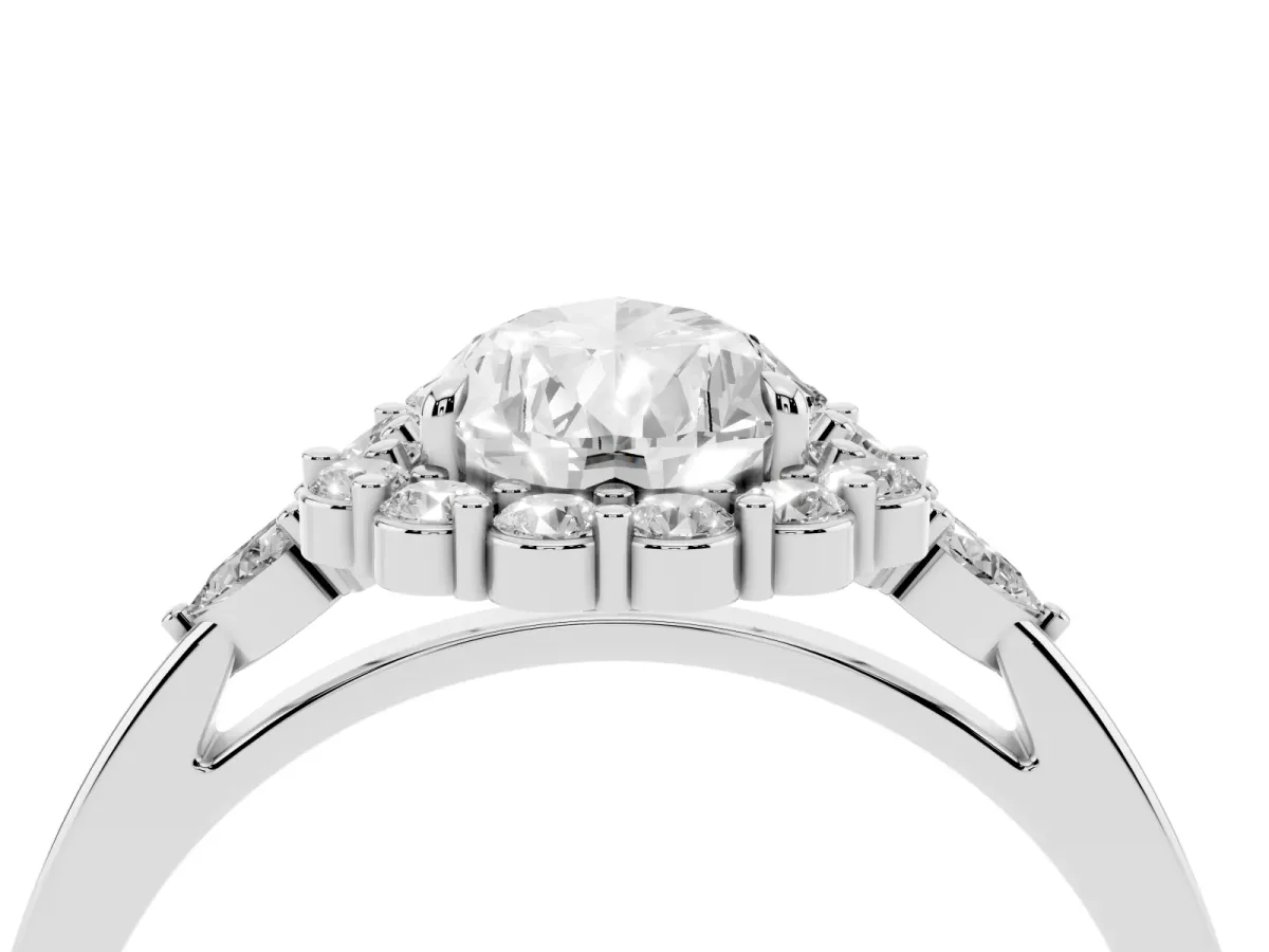 Pear Cut Diamond Halo Ring with Pear Side Stones and Prong Setting Platinum