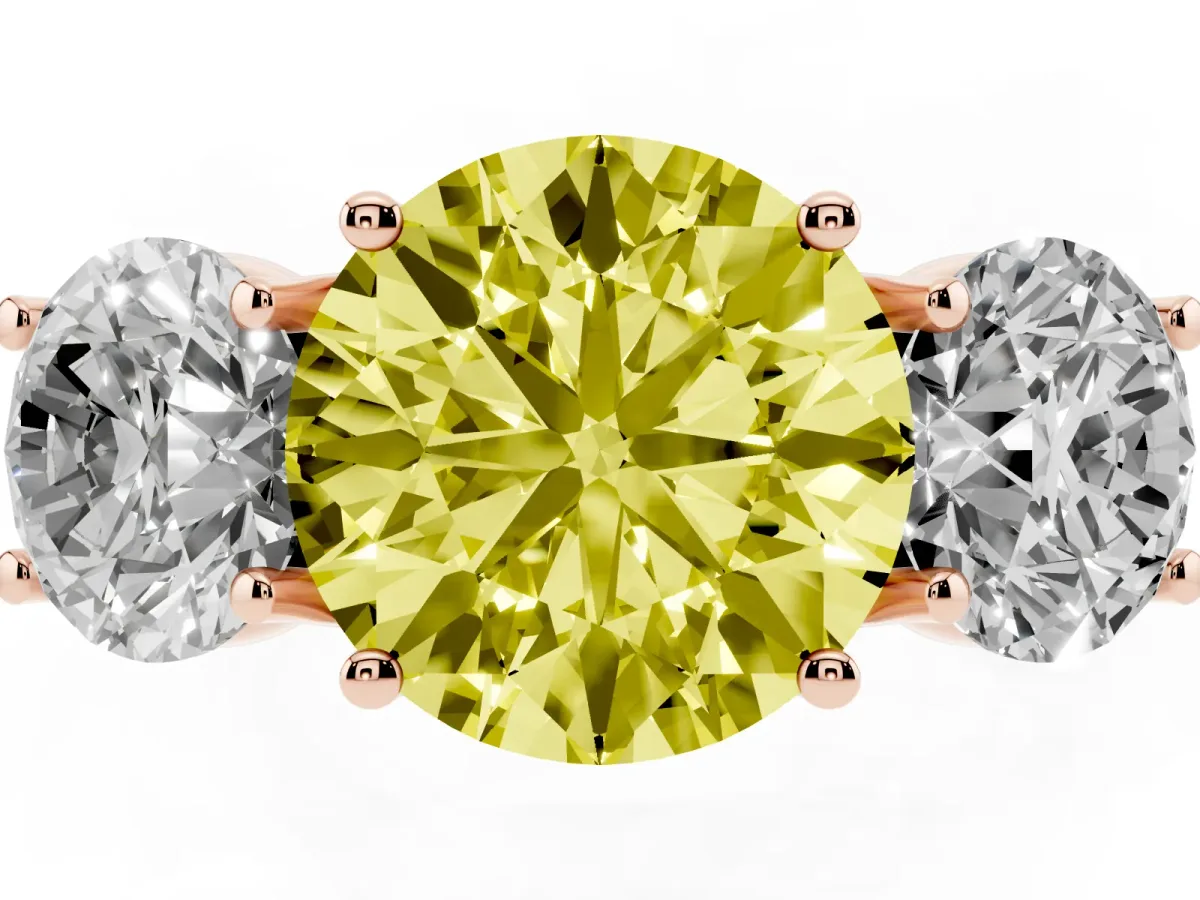 Fancy Yellow Three-Stone Round Cut Diamond Engagement Ring with Prong Setting Rose gold