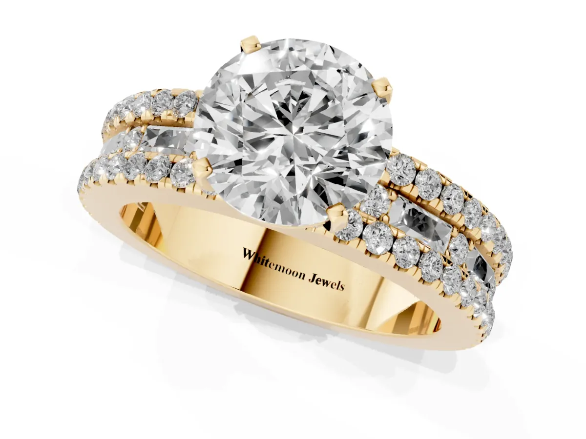 Round Cut Diamond Solitaire Ring with Pavé and Channel Set Band Yellow gold