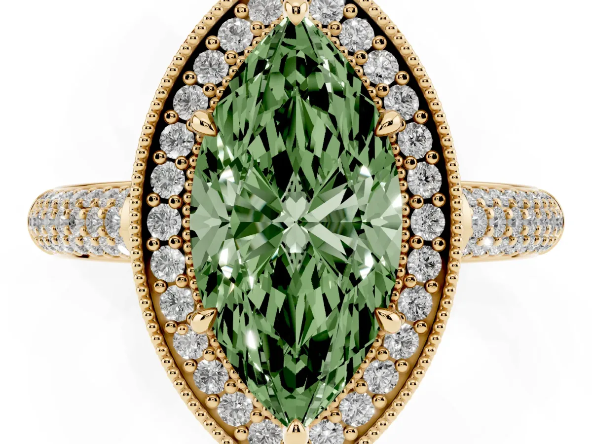 Fancy Green Marquise Cut Cut Halo Diamond Pave Band with Four-Prong Setting Yellow gold