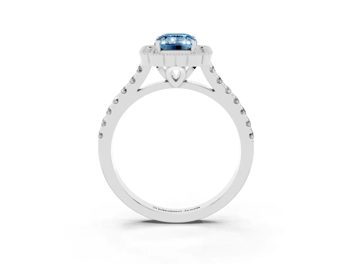 Fancy Blue Emerald Cut Cut Diamond Milgrain Floral Halo Engagement Ring with Pavé Band Silver