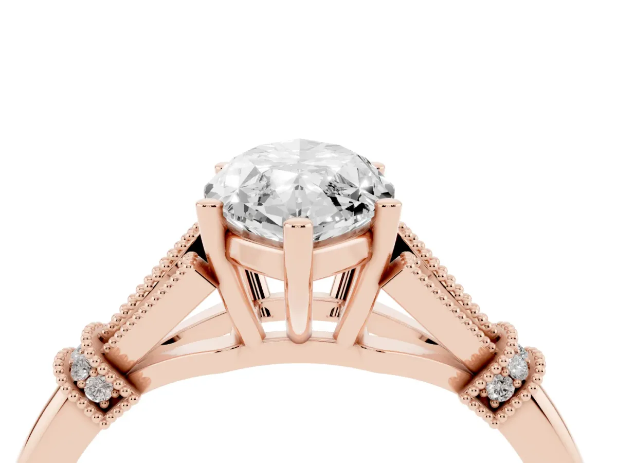 Marquise Cut Diamond Solitaire Ring with Floral Filigree and Pave Accents Rose gold