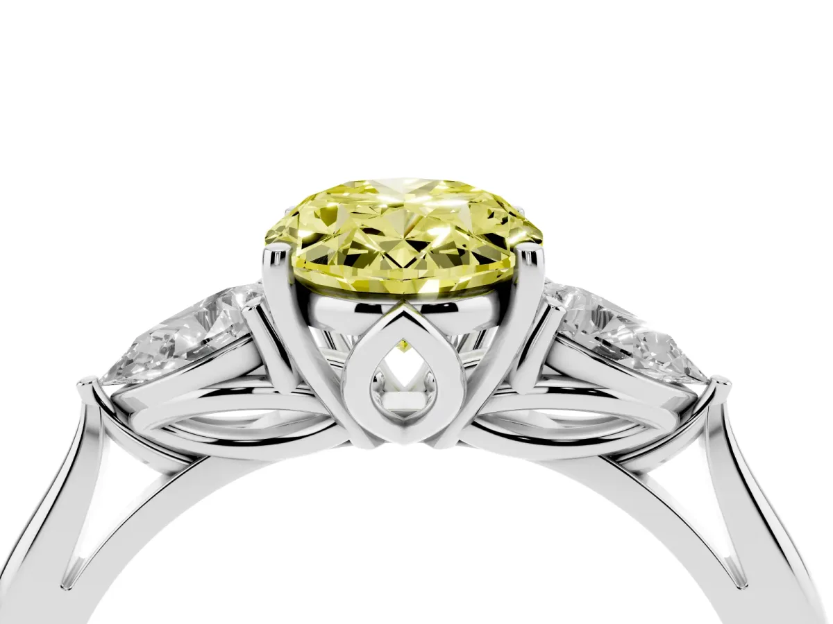Fancy Yellow Three-Stone Oval Cut Brilliant Diamond Solitaire Ring with Tapered Band and Four-Prong Setting Silver