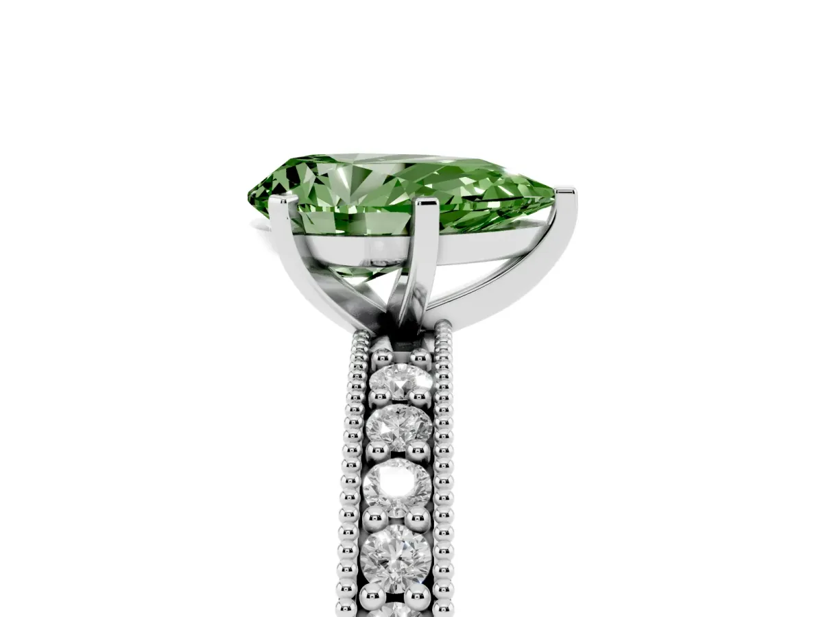 Fancy Green Pear Cut Diamond Milgrain Pavé Engagement Ring with Four-Prong Setting Silver