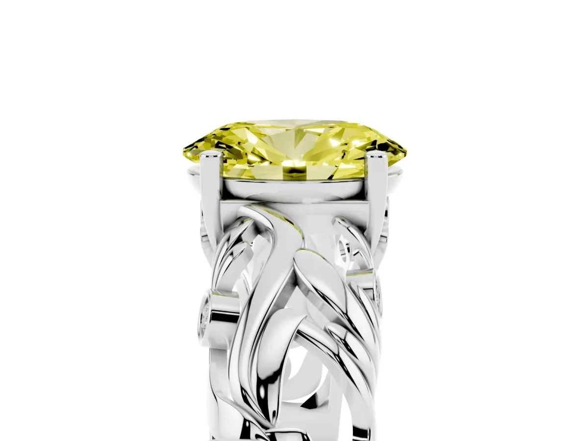 Fancy Yellow Oval Cut Solitaire Diamond Leaf-Inspired Vine Band Ring with Prong Setting Silver
