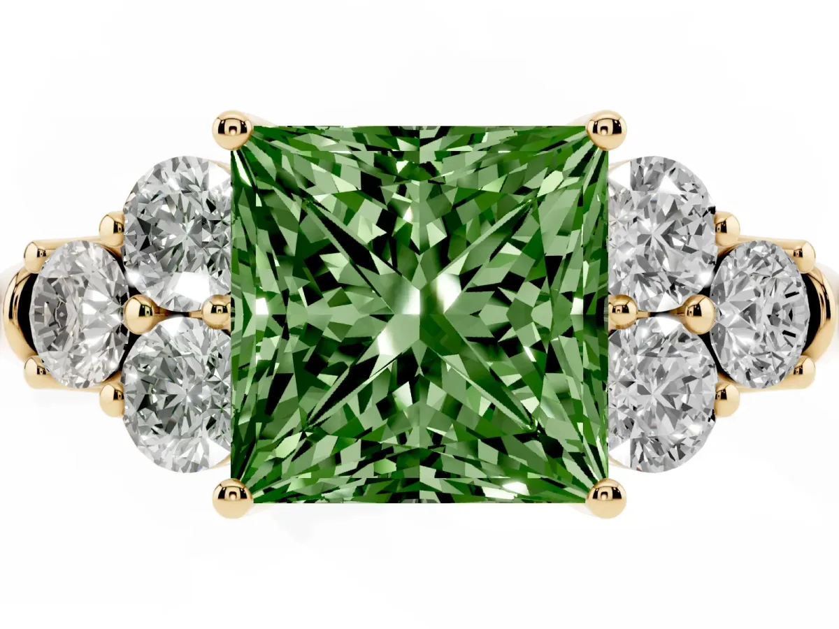 Fancy Green Princess Cut Cut Diamond Cluster Ring with Round Accent Stones and Prong Setting on a Classic Band Yellow gold