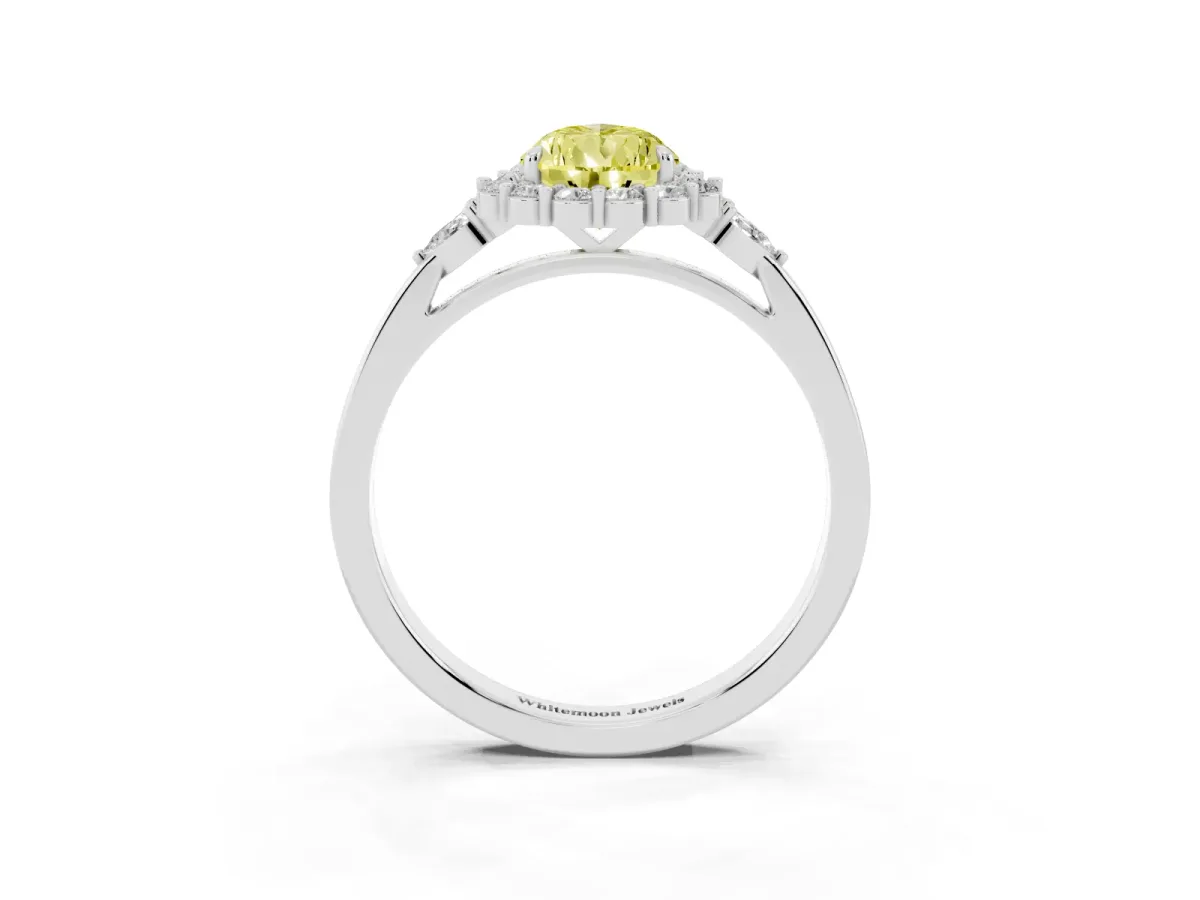 Fancy Yellow Pear Cut Diamond Halo Ring with Pear Side Stones and Prong Setting Silver