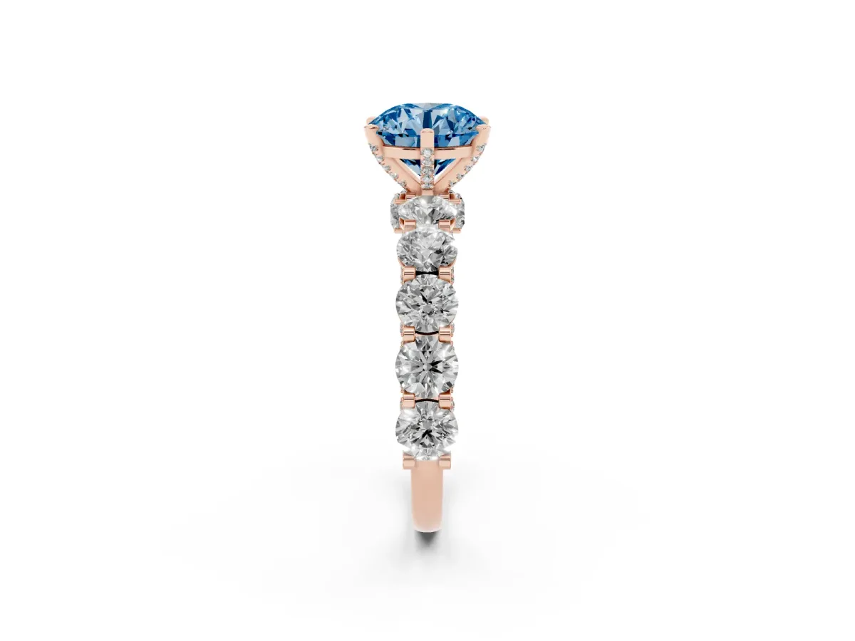 Fancy Blue Round Cut Diamond Side Stone Engagement Ring with Four-Prong Setting Rose gold