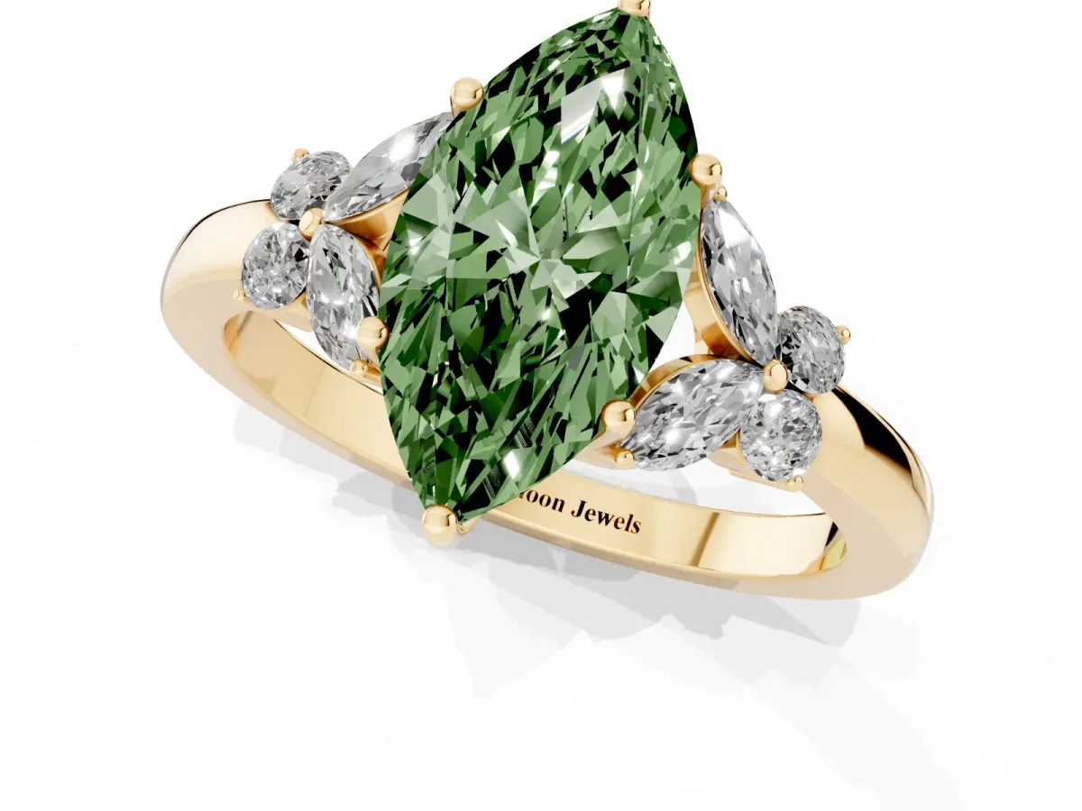 Fancy Green Marquise Cut Cut Solitaire Floral Diamond Ring with Four-Prong Setting Yellow gold