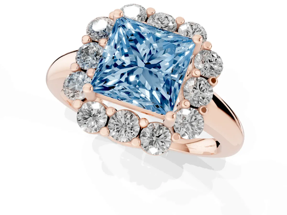 Fancy Blue Princess Cut Halo Milgrain Solitaire with Bezel Set Side Stones and Pave Band Rose gold