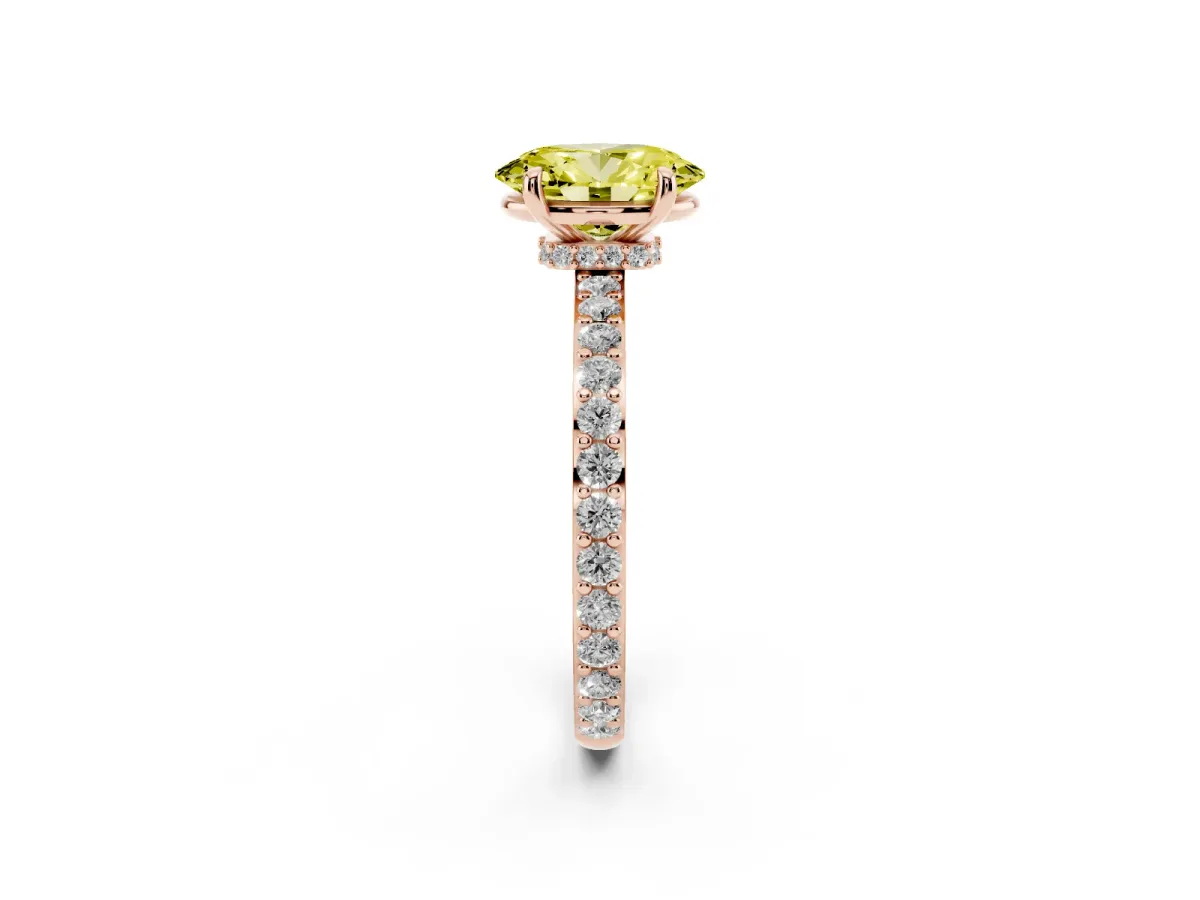 Fancy Yellow Oval Cut Diamond Pavé Engagement Ring with Round Accents and Prong Setting Rose gold
