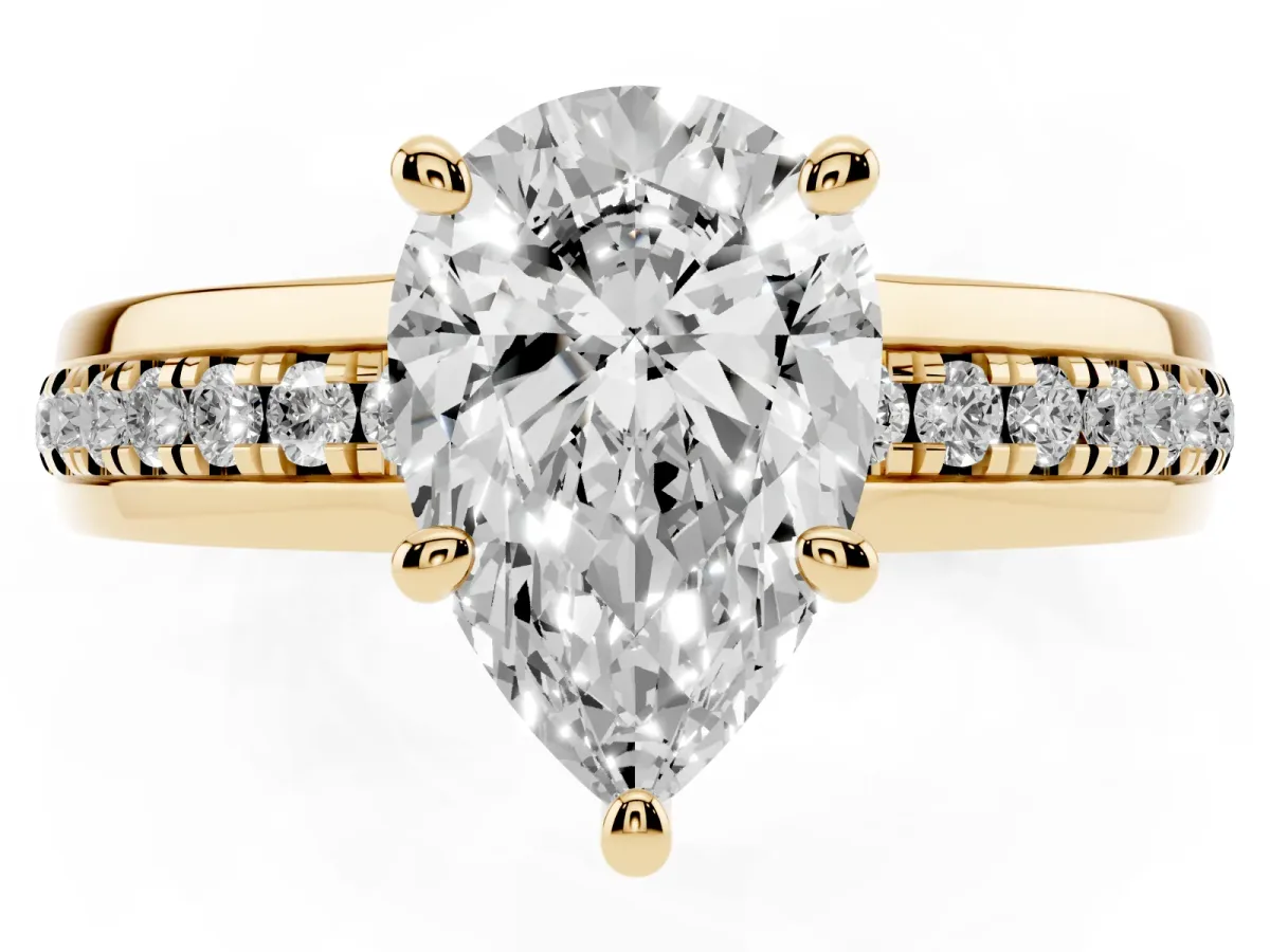 Pear Cut Solitaire Diamond Ring with Channel Set Band and Six-Prong Setting Yellow gold