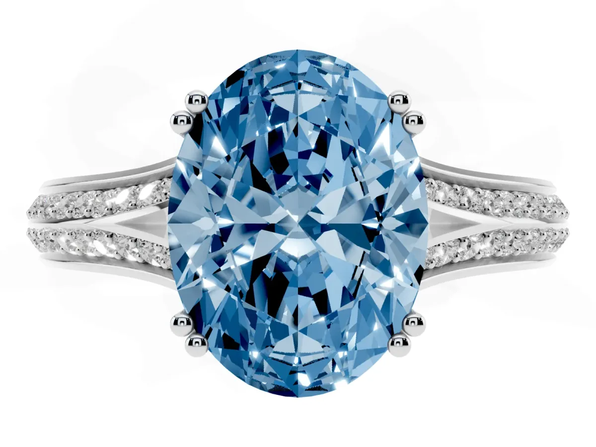 Fancy Blue Oval Cut Diamond Split Shank Engagement Ring with Pavé Band White gold