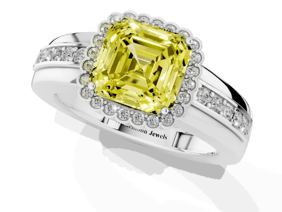 Fancy Yellow Asscher Cut Cut Halo Pave Band Four-Prong Ring Platinum