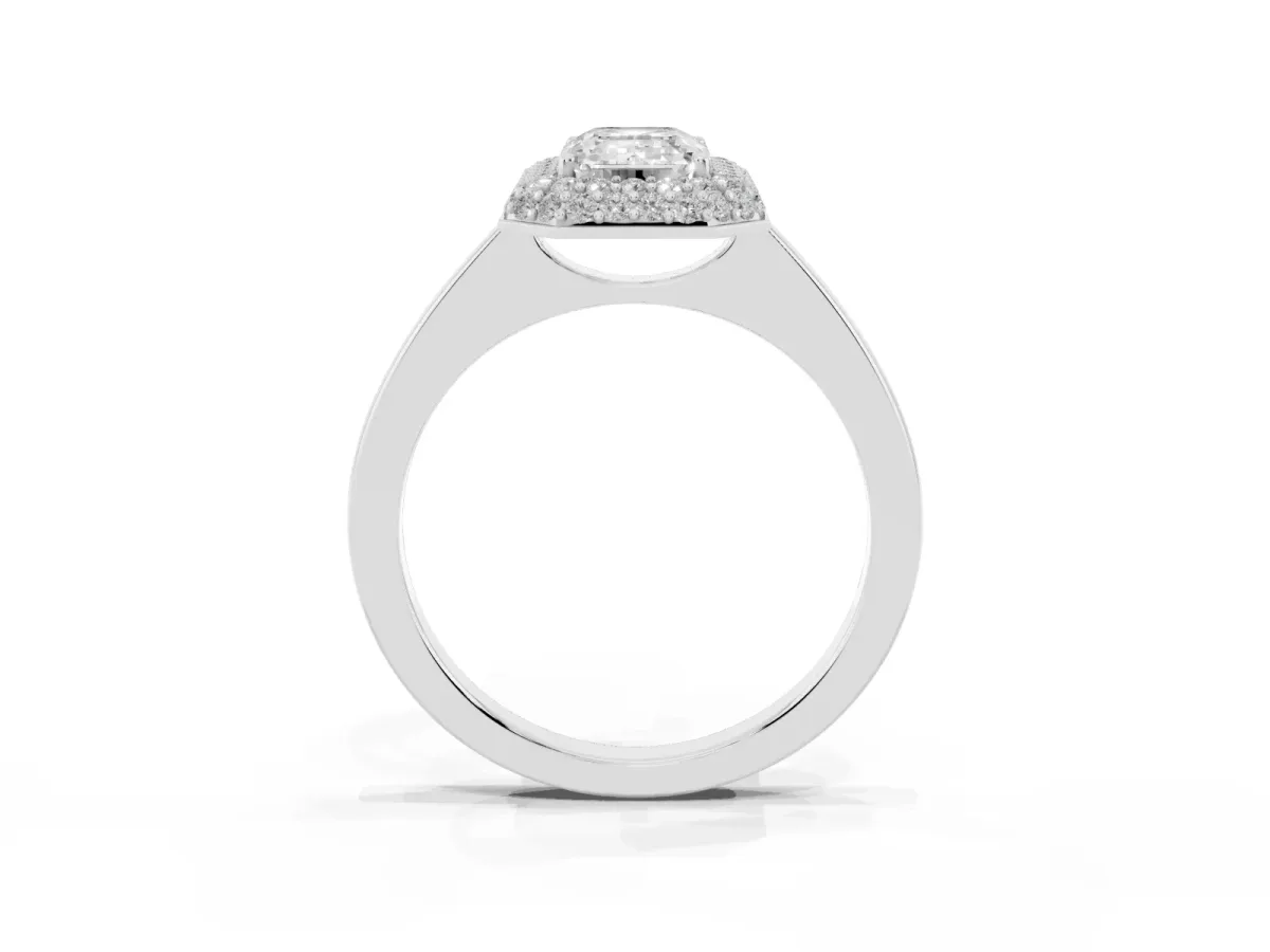 Emerald Cut Halo Diamond Engagement Ring with Solitaire Band and Four-Prong Setting Silver