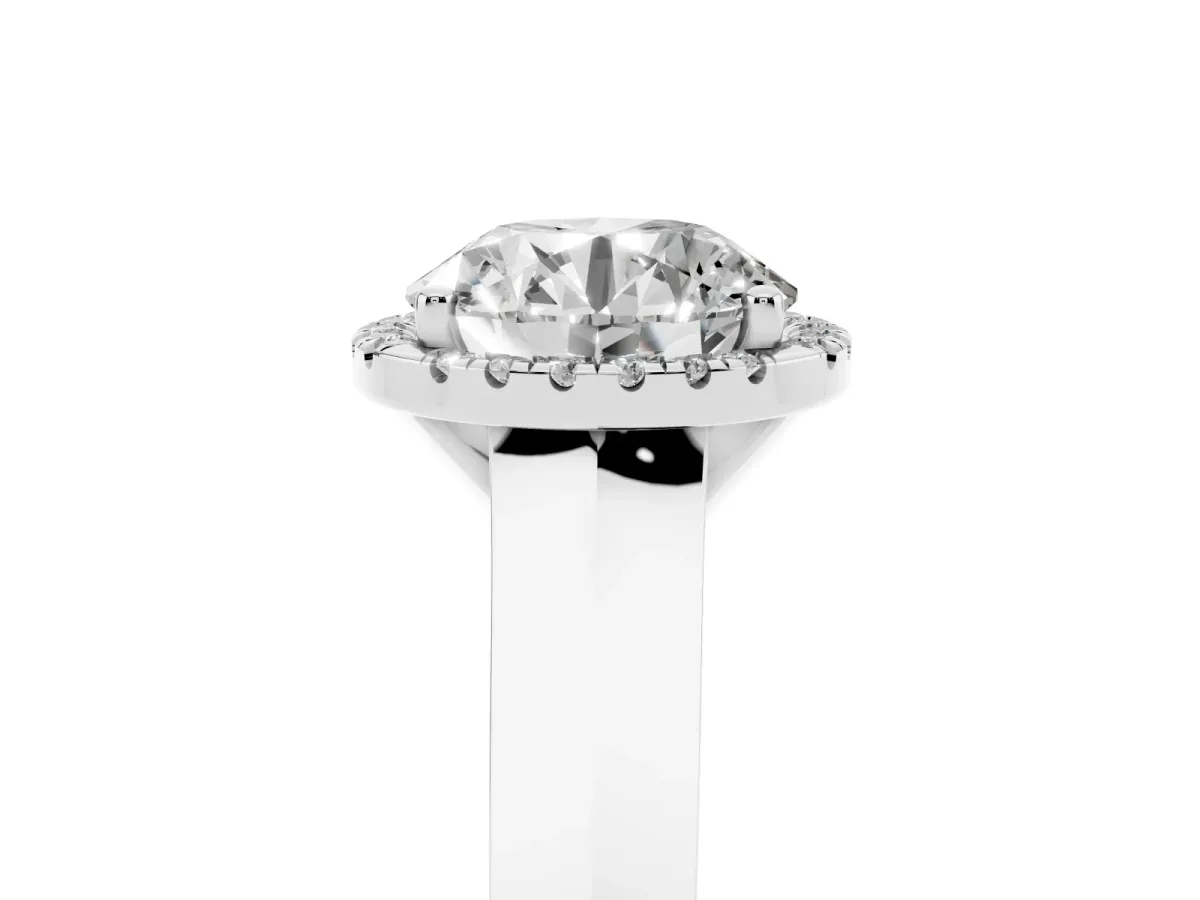 Round Cut Halo Diamond Ring with Cathedral Band and Four-Prong Setting White gold