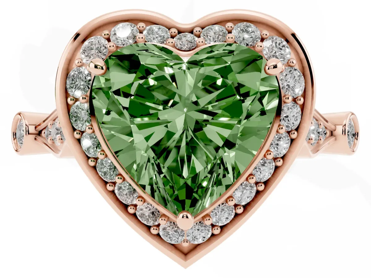 Fancy Green Heart Cut Halo Diamond Engagement Ring with Twisted Band and Four-Prong Setting Rose gold