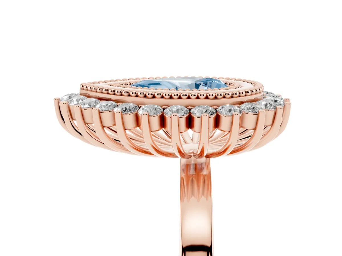 Fancy Blue Pear Cut Halo Diamond Ring with Milgrain Edge and Round Prong Setting Rose gold