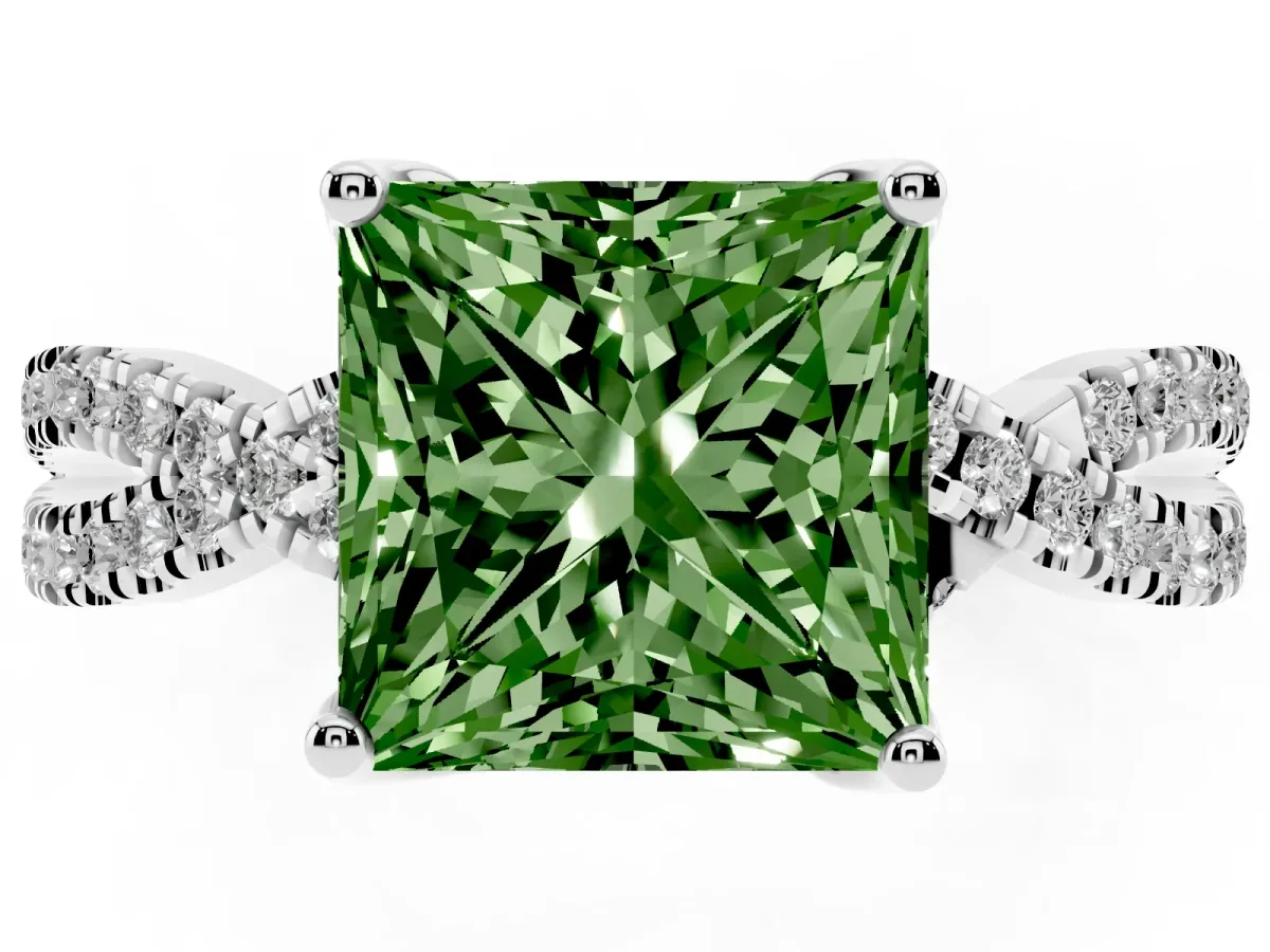 Fancy Green Princess Cut Solitaire Twist Pave Diamond Engagement Ring with Prong Setting Silver