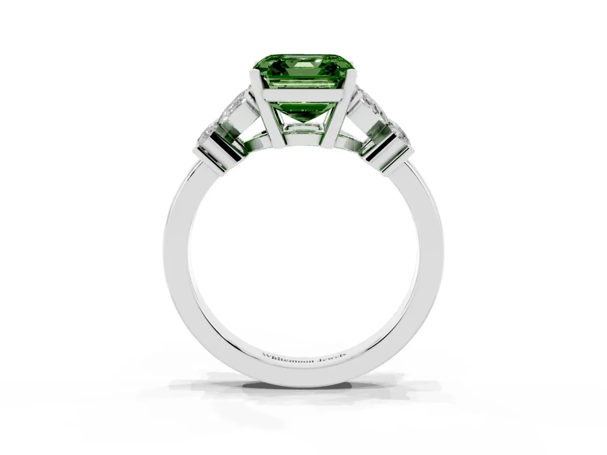 Fancy Green Asscher Cut Diamond Floral Cluster Ring with Solitaire Band and Prong Setting Silver