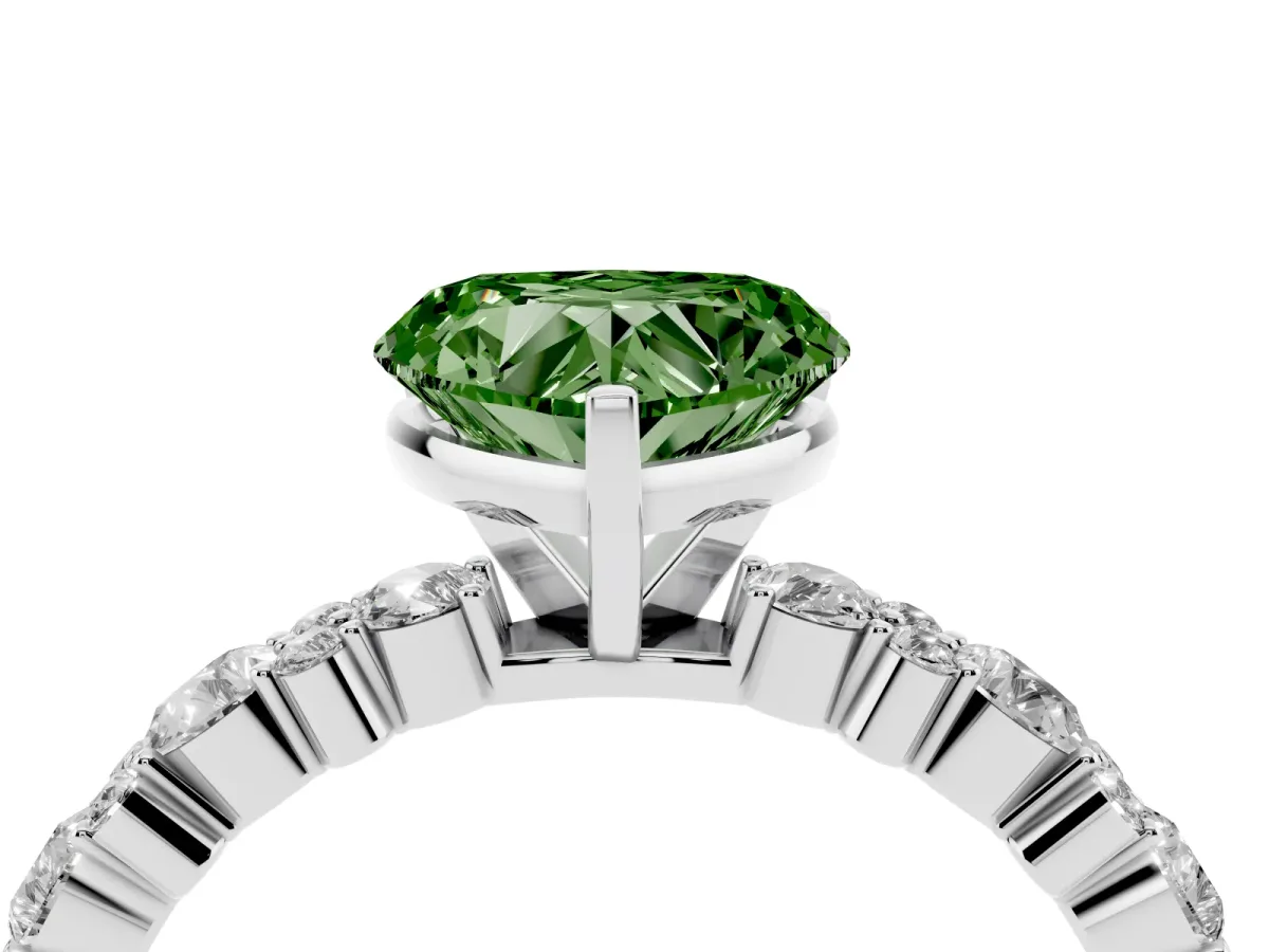 Fancy Green Heart Cut Diamond Side Stone Solitaire Ring with Round and Four-Prong Setting Silver