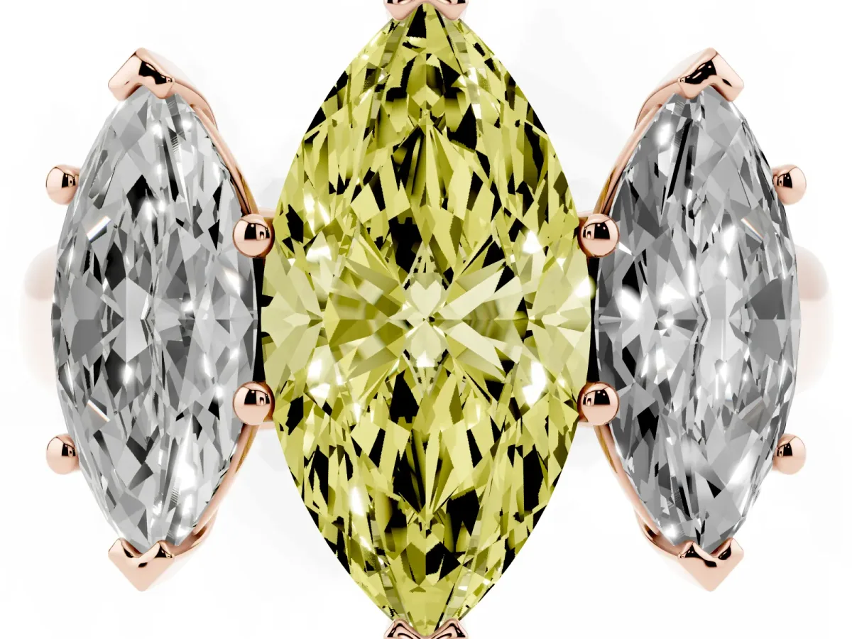 Fancy Yellow Marquise Cut Three-Stone Diamond Ring with Prong Setting on a Classic Band Rose gold