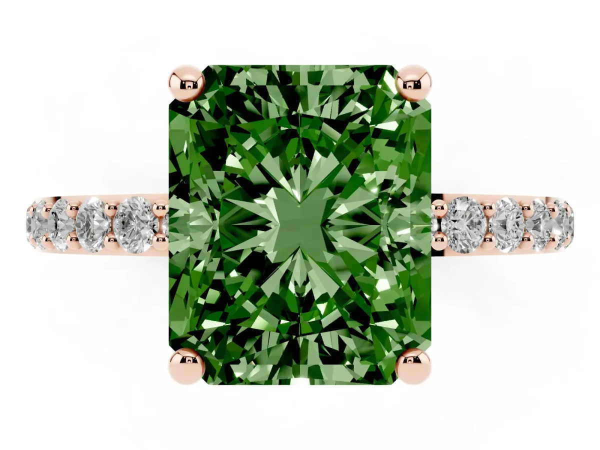 Fancy Green Radiant Cut Diamond Solitaire Ring with Round Pavé Band and Prong Setting Rose gold