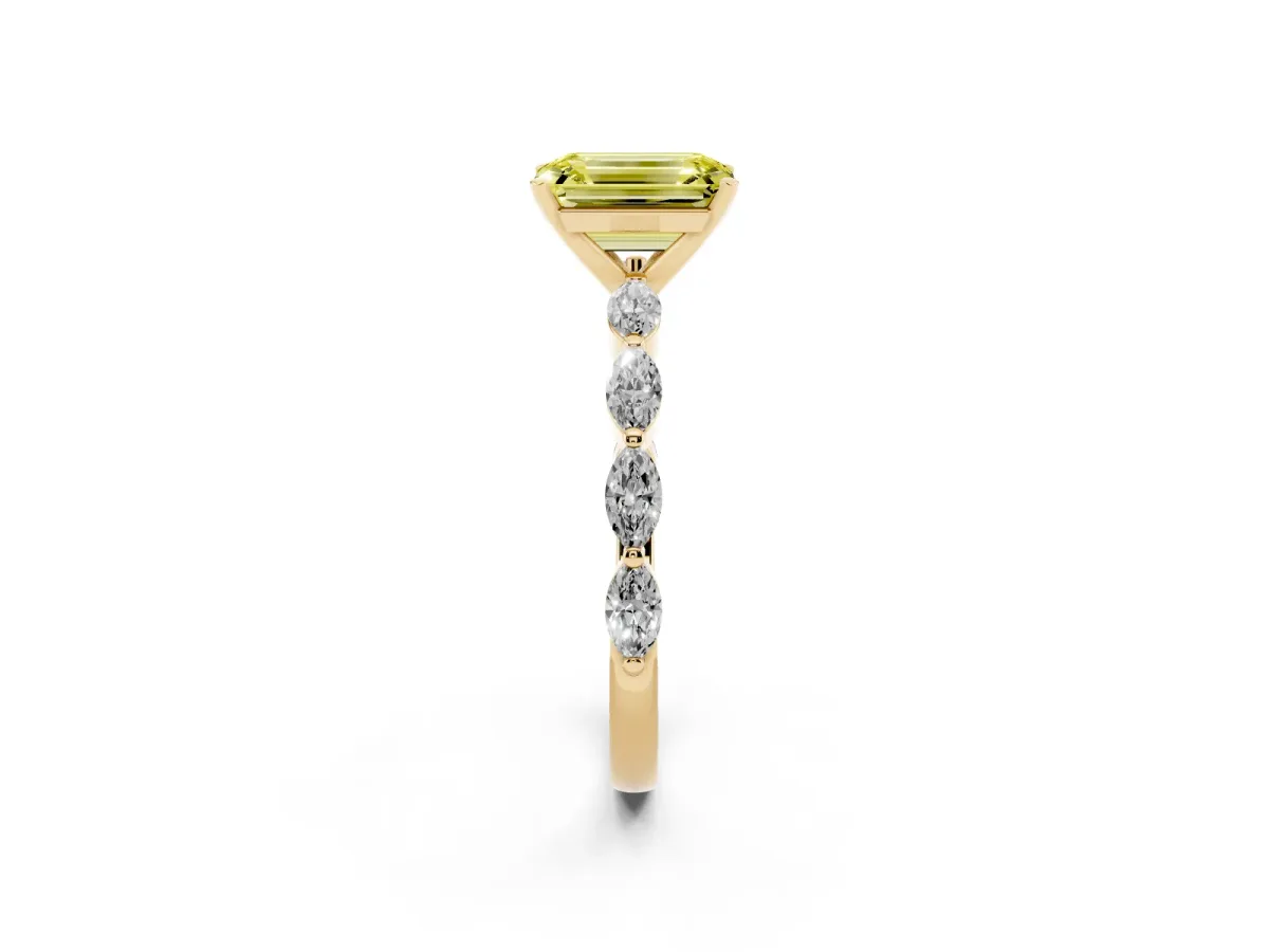 Fancy Yellow Emerald Cut Diamond Ring with Marquise Side Stones and Prong Setting Yellow gold