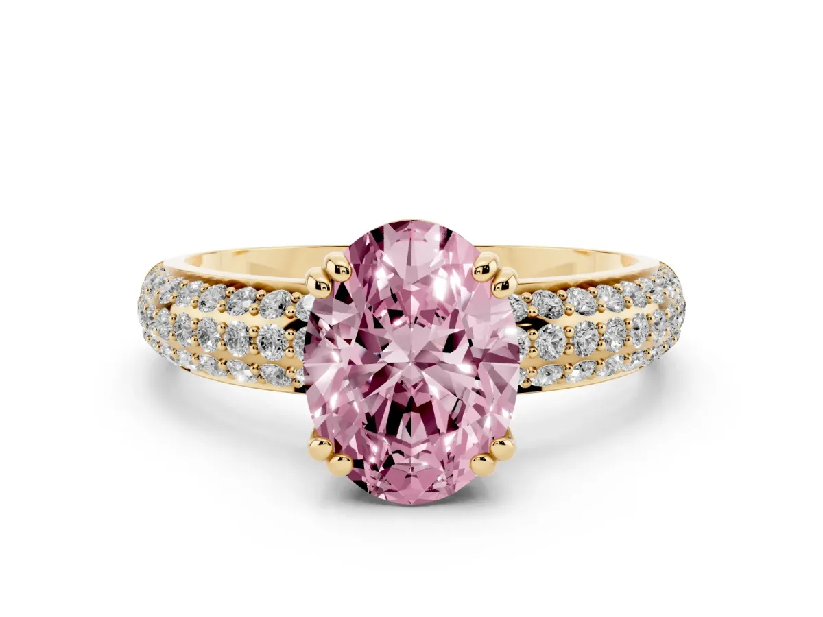 Fancy Pink Oval Cut Diamond Solitaire Ring with Multi-Row Round Pavé Band and Prong Setting Yellow gold