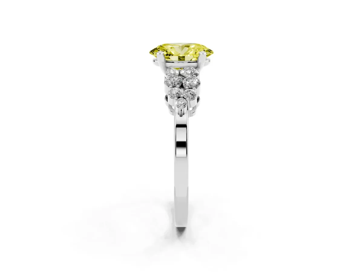 Fancy Yellow Oval Cut Cluster Diamond Engagement Ring with Pavé Band and Four-Prong Setting Platinum